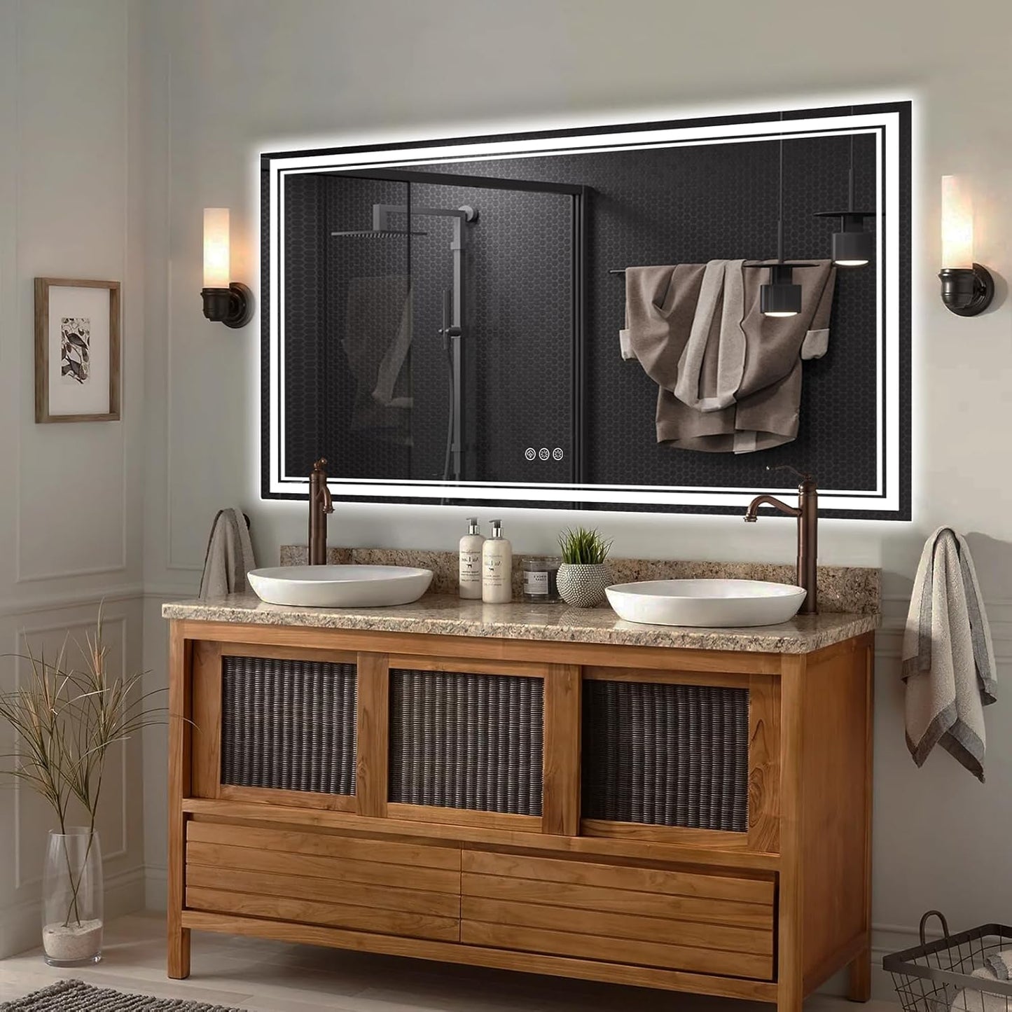 60x40 Inch LED Bathroom Mirror with Frontlit & Backlit（Independent Control）, Lighted Mirror for Bathroom Wall with 3-Color Dimmable & Anti-Fog, Vanity Mirror with Lights