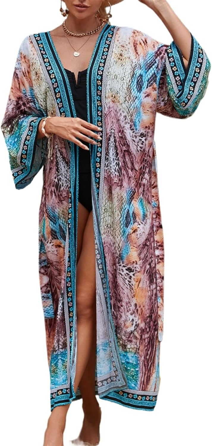 Women Casual Open Front Lightweight Cardigan Long Beach Kimono Cover Up