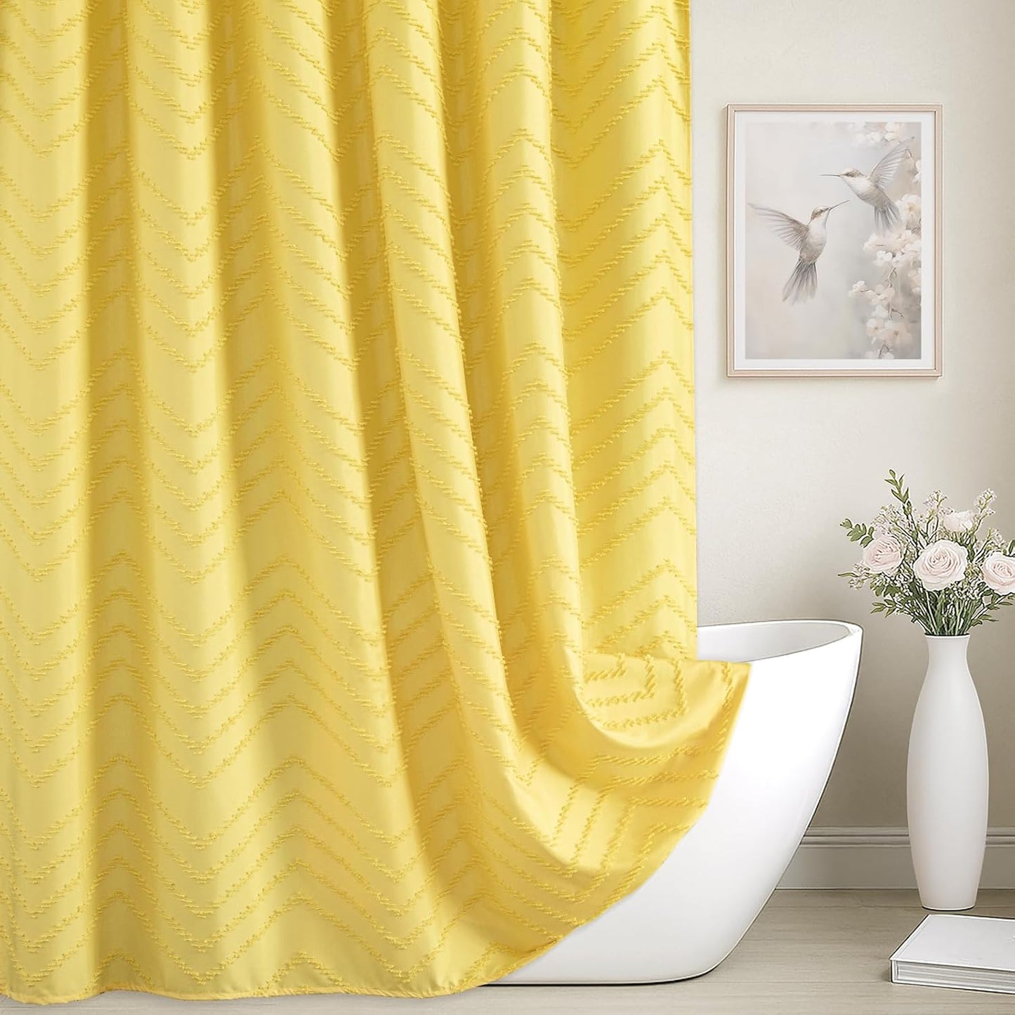 84inches Extra Long Yellow Shower Curtain Boho Farmhouse Shower Curtain 72 x 84 Tufted Chevron Textured Minimalist Shower Curtains for Bathroom