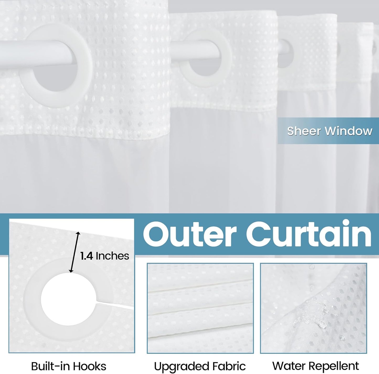 Stall No Hook Shower Curtain with Snap in Liner,230GSM Waffle Weave Shower Curtains for Bathroom,36W x 74H,White