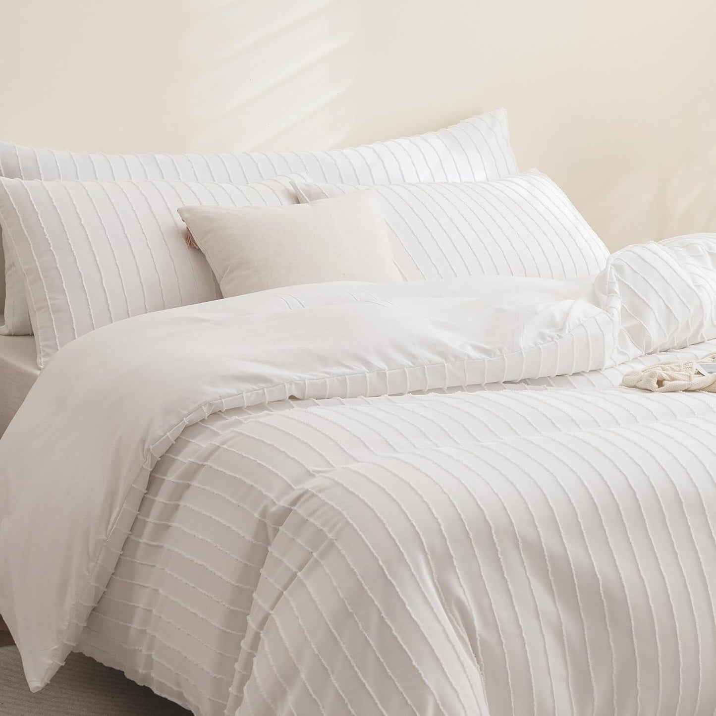 JELLYMONI Duvet Cover Queen Size White - 3PCS Boho Striped Duvet Cover Set Polyester Tufted Bohemian Textured Comforter Cover 90×90in with Corner Ties & Zipper and 2 Pillowcases