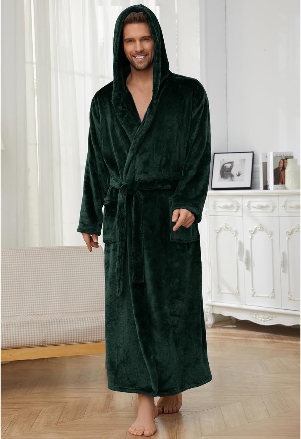 U2SKIIN Mens Robe with Hooded, Full Length Thickened Plush Robe Big and Tall Bathrobe
