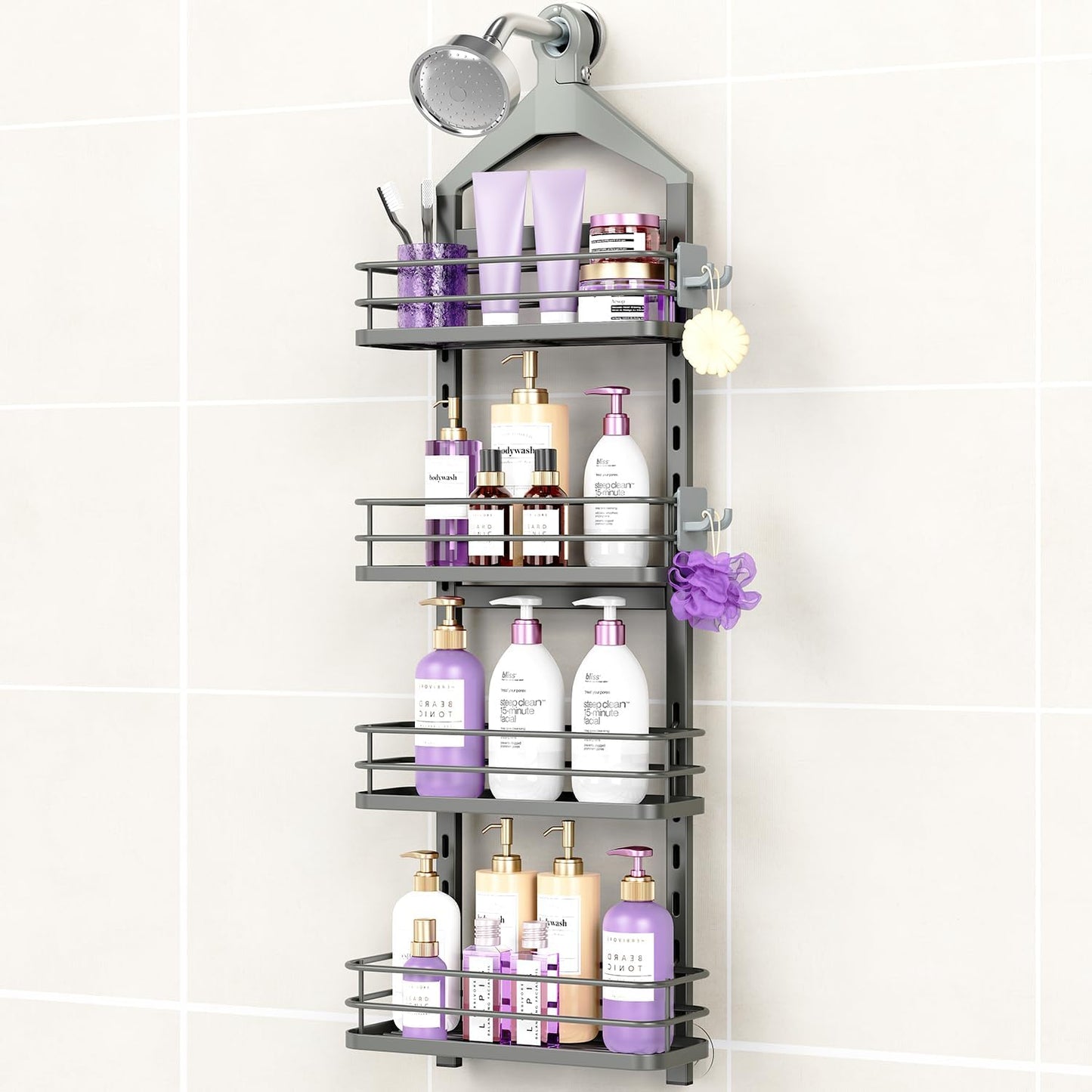 ODesign 4 Tier Height-Adjustable Shower Caddy Hanging Anti-Swing-Over The Shower Head Caddy-Showers Storage Organizer Bathroom Shelves Basket Showers Caddies-Grey