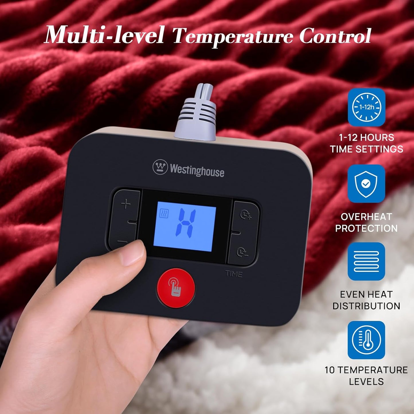 Westinghouse Queen Size Electric Blanket, Flannel to Sherpa Reversible, Heated Blanket Queen with Dual Control 10 Heating Settings & 1-12 Hours Auto Shut Off, Machine Washable, (84" x 90", Red)