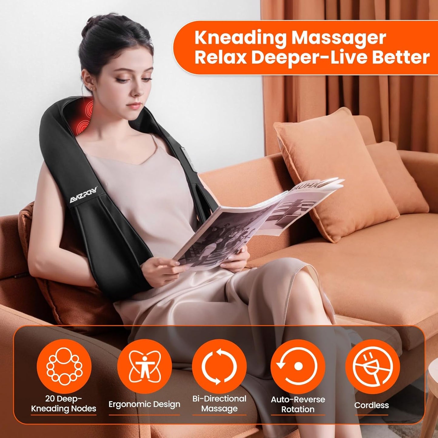 AMZPONY® Cordless Neck Massager for Pain Relief Deep Tissue, Rechargeable Shiatsu Neck and Back Massager with Heat Kneading Shoulder Massage for Body Muscle Pain Relief,Gifts for Dad Mom Friends