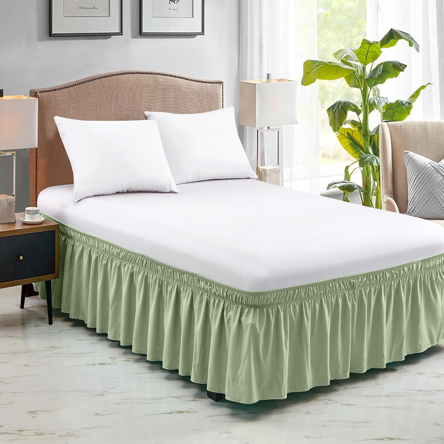FreshCulture Twin Bed Skirt, Elastic Wrap Around Bed Skirt Twin Size, Bed Skirts for Adjustable Bed, Easy Fit with 22 Inch Drop Length, Hotel Quality Dust Ruffle for Twin Bed (Sage Green)