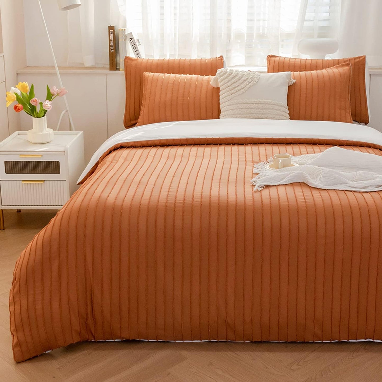 JELLYMONI Duvet Cover King Size Rust and White - 3PCS Boho Striped Duvet Cover Set Polyester Tufted Bohemian Textured Comforter Cover with Corner Ties & Zipper Closure