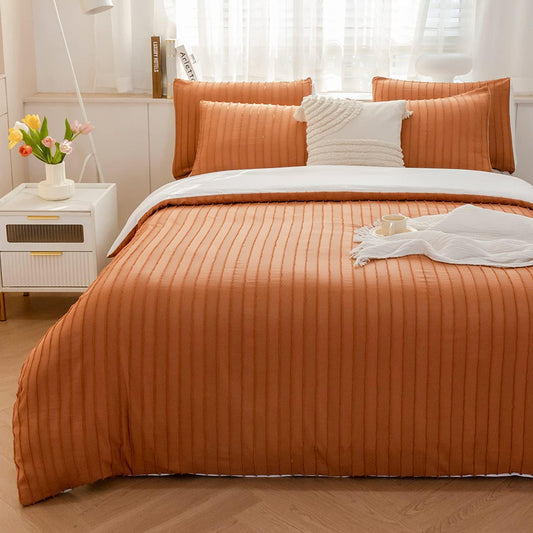 JELLYMONI Duvet Cover King Size Rust and White - 3PCS Boho Striped Duvet Cover Set Polyester Tufted Bohemian Textured Comforter Cover with Corner Ties & Zipper Closure