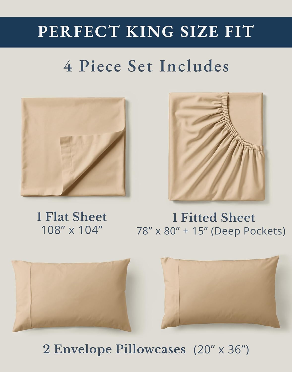 LANE LINEN 100% Organic Cotton Bed Sheets King Size, Fully Elasticized Reinforsed Seams in Fitted Pocket, Machine Washable Naturally Cooling All Season King Sheet Deep Pocket Bedding- Linen