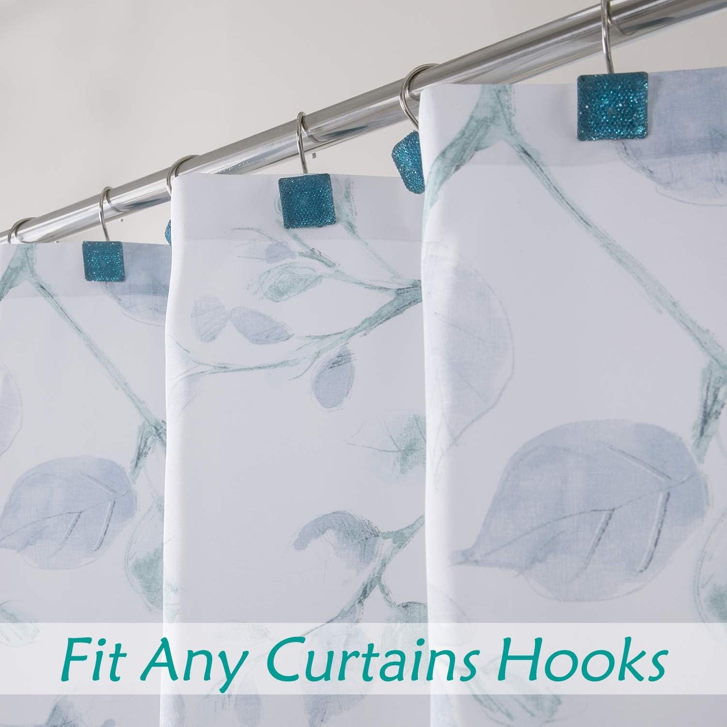 Central Park Teal Blue Leaf Shower Curtain Water Resistant Decorative Sweeping Floral Print Canvas Bathroom Spa Hotel Shower Curtain with Buttonholes (White, 70"x72")
