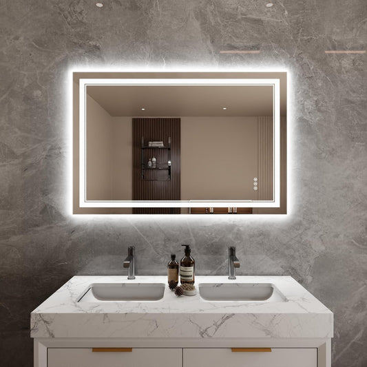 Bathroom Mirror with Lights 32"X48" with Front Light and Backlit, Tempered Glass, Wall Mount Horizontal/Vertical, Stepless Dimmable, 3 Colors, Anti Fog, Bathroom Memory LED Mirror