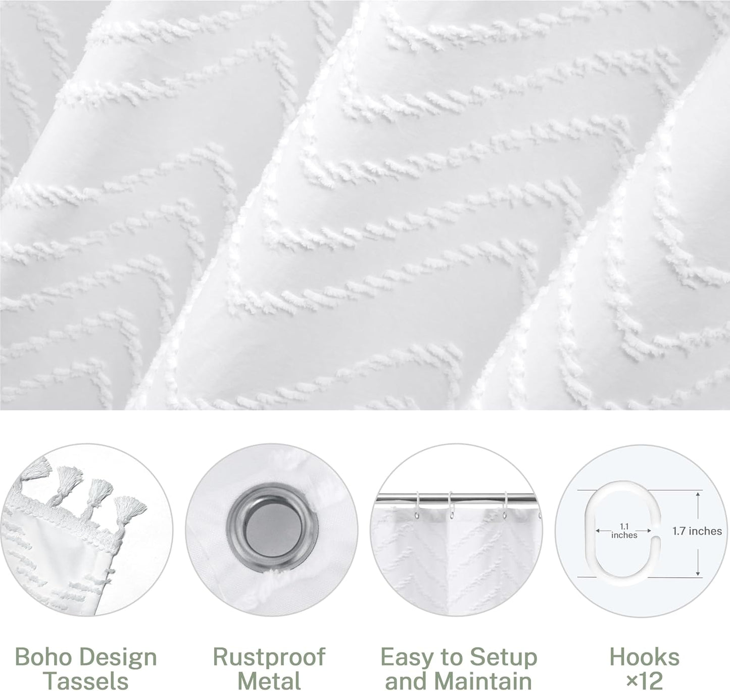 Stall Boho Shower Curtain White Tassel Woven Fabric Shower Curtain 54 x 72 Modern Farmhouse Textured Tufted Chevron Striped Minimalist for Bathroom, Closet Door