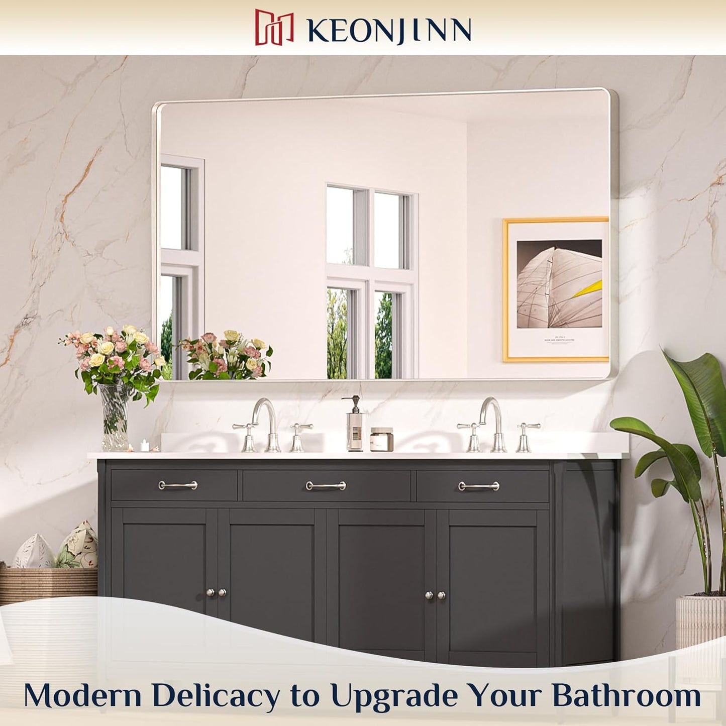 Keonjinn Brushed Nickel Mirror 60 x 36 Inch Large Silver Bathroom Mirror for Over Sink, Rounded Rectangle Farmhouse Vanity Mirror with Metal Frame, HD Tempered Glass Wall Mirror(Horizontal/Vertical)