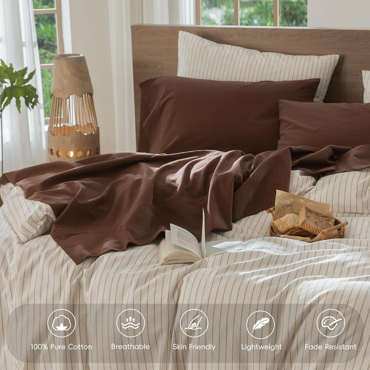 MooMee Bedding Sheet Set 100% Washed Cotton Linen Like Textured Breathable Durable Soft Comfy (Solid Cocoa Brown, Twin)