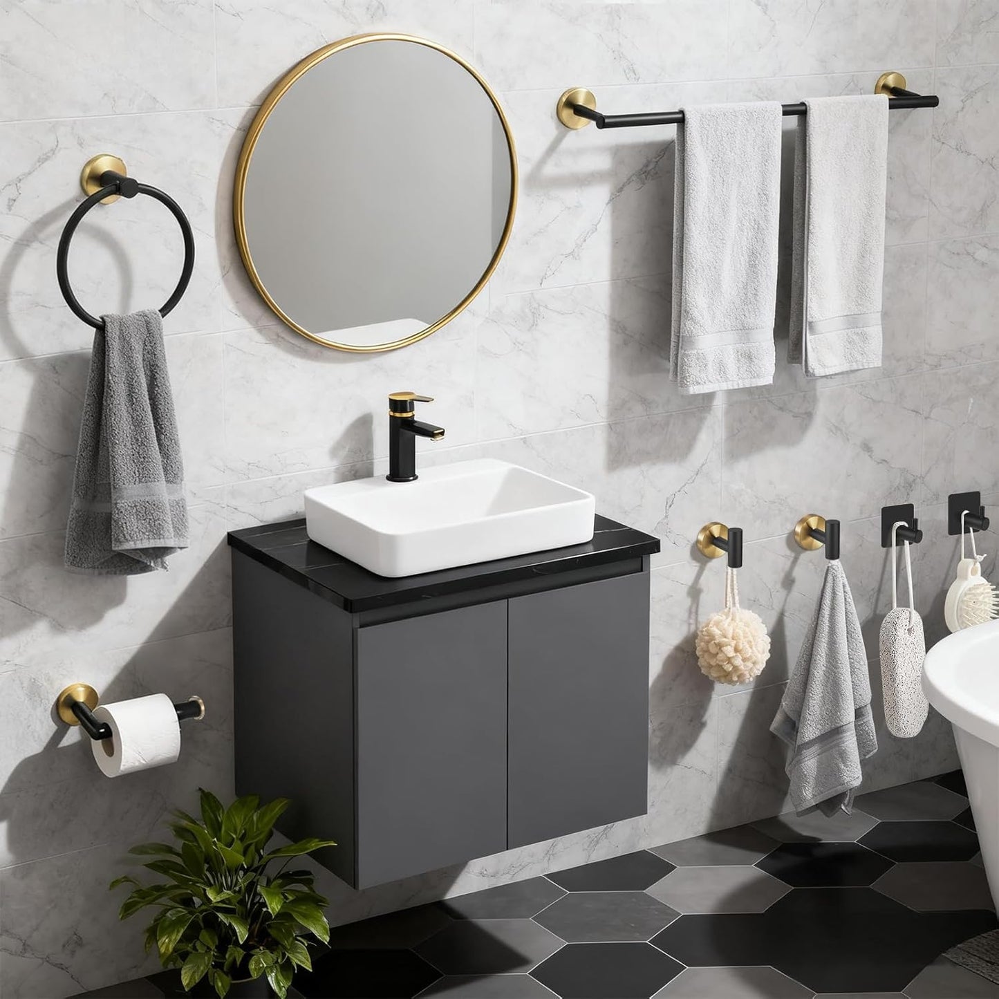 Black Bathroom Accessories Set 7-Pieces Stainless Steel Modern Light Luxury Design, Multi-Scene Use Includes Towel Racks for Bathroom Toilet Paper Holder Gold Towel Racks for Bathroom
