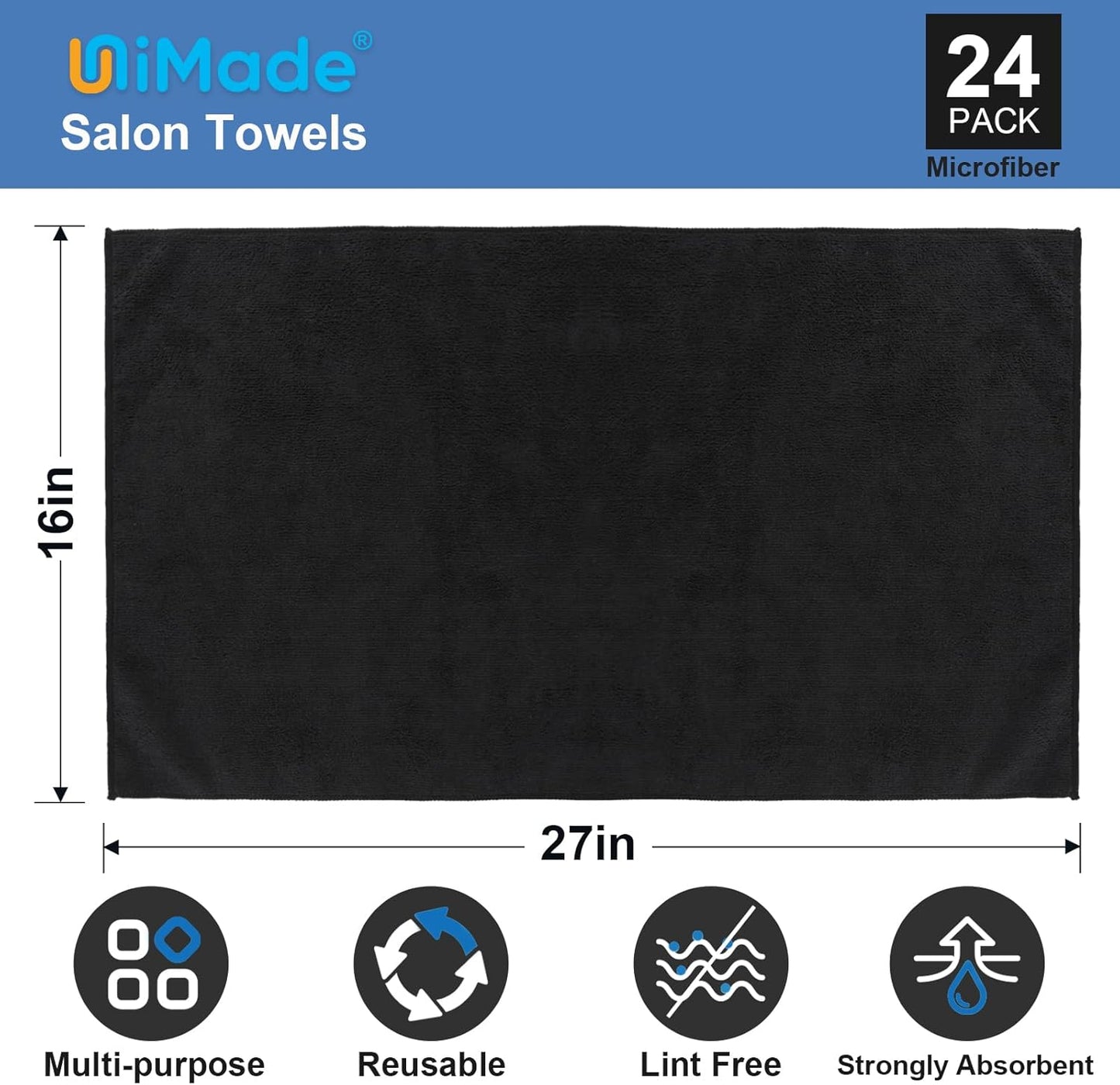 24 Pack Salon Towels - Highly Absorbent and Quick Drying Hand Towels, Premium Wash Cloths for Bathroom, Gym, Shower, Hotel, and Spa - 16x27 inch (Black)