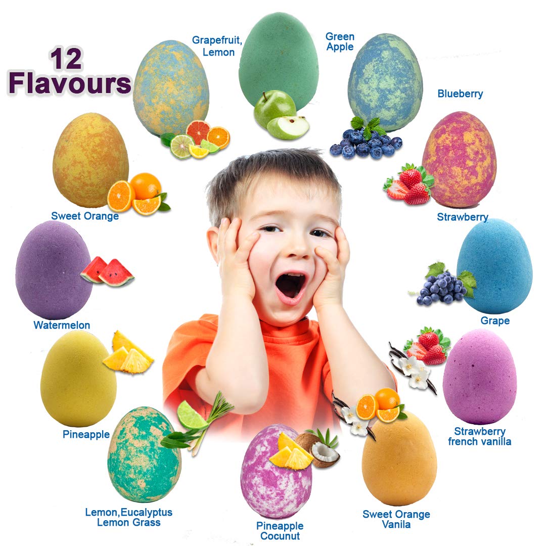 Bath Bombs for Kids with Surprise Inside - 12 Organic Bubble Bath Fizzies with Dragon Egg Toys. Gentle & Kids Friendly w/Rich Bubbles & Rainbow Colors, Stocking Stuffer Christmas Gifts for Boy, Girls