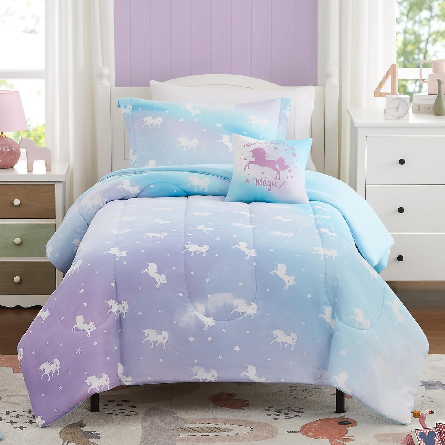 Twin Bedding Sets for Girls - 3 Pieces Glow in The Dark Unicorn Twin XL Comforter Sets for Girls 1 Comforter, 1 Decor Pillow, 1 Pillow Sham