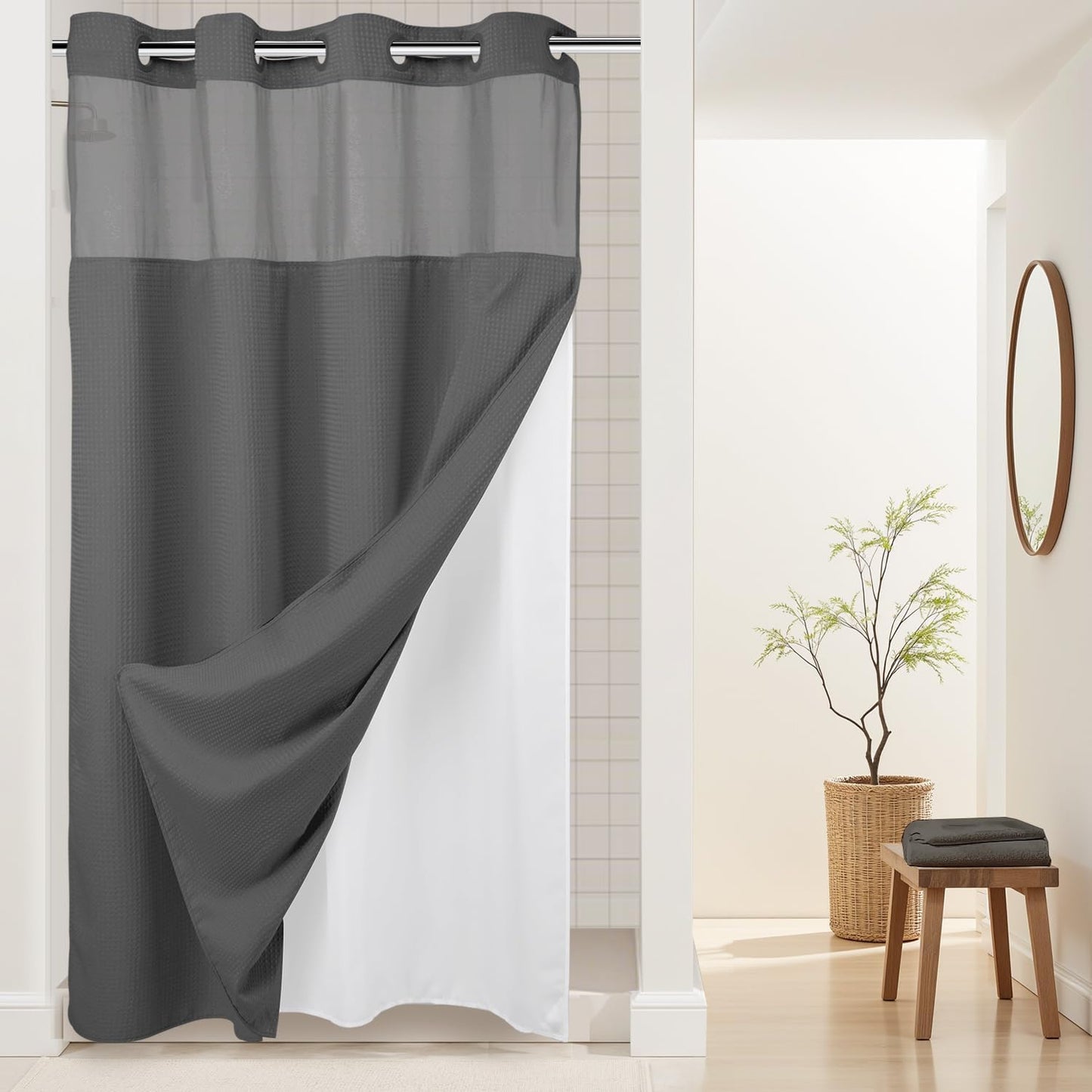 River Dream Heavyweight No Hooks Required Dotted Waffle Weave Shower Curtain with Snap in Liner -Stall 54W x 80H,Hotel Grade,Spa Like Bath Curtain,Graphite Grey