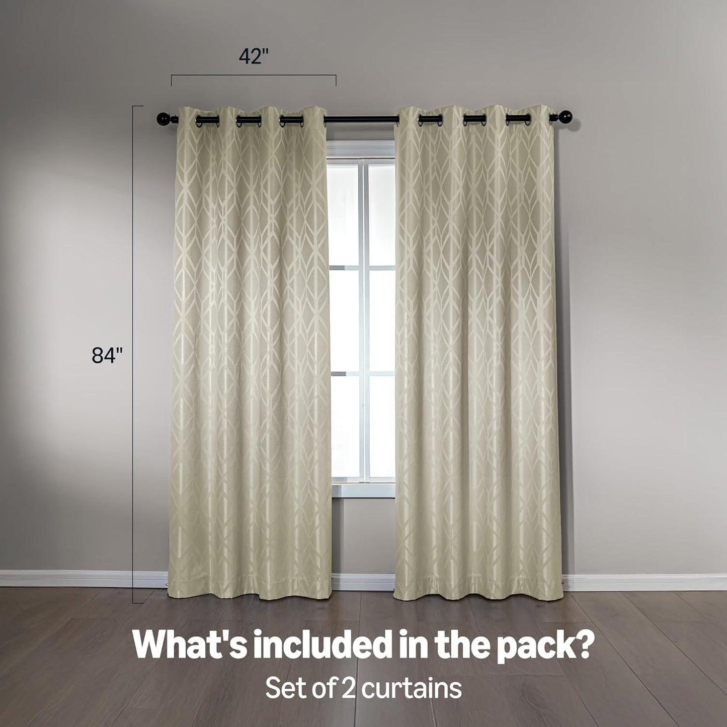 Amazon Basics Jacquard 2-Piece 100% Blackout Curtains, Living Room and Bedroom Drapes, Thermal Insulated Window Treatment, 42"x84", Beige