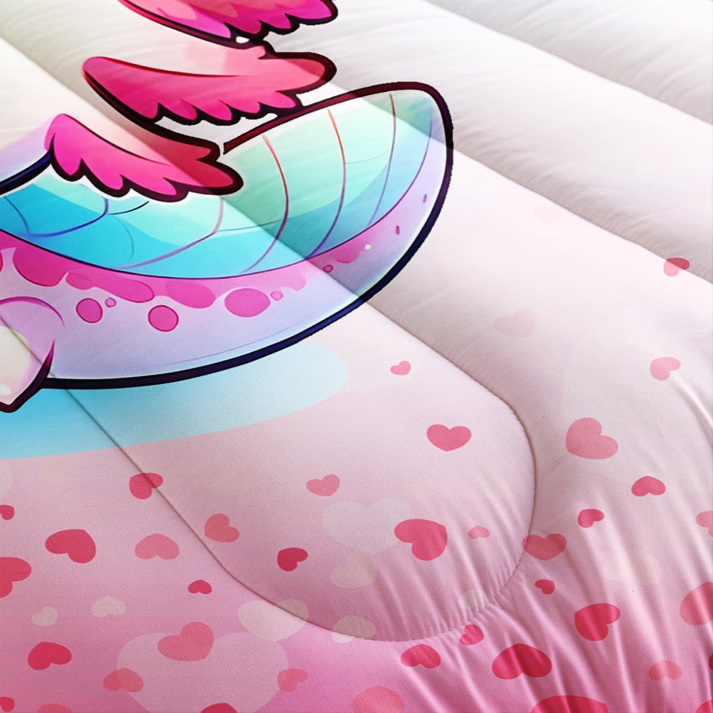 Cartoon Axolotl Comforter Kids Bedding Set,Cute Axolotl Flower Butterfly Bedding Queen Size for Toddler Girls Room Kawaii Decor,Pink Series Kids Comforter Sets with 2 Pillowcases.