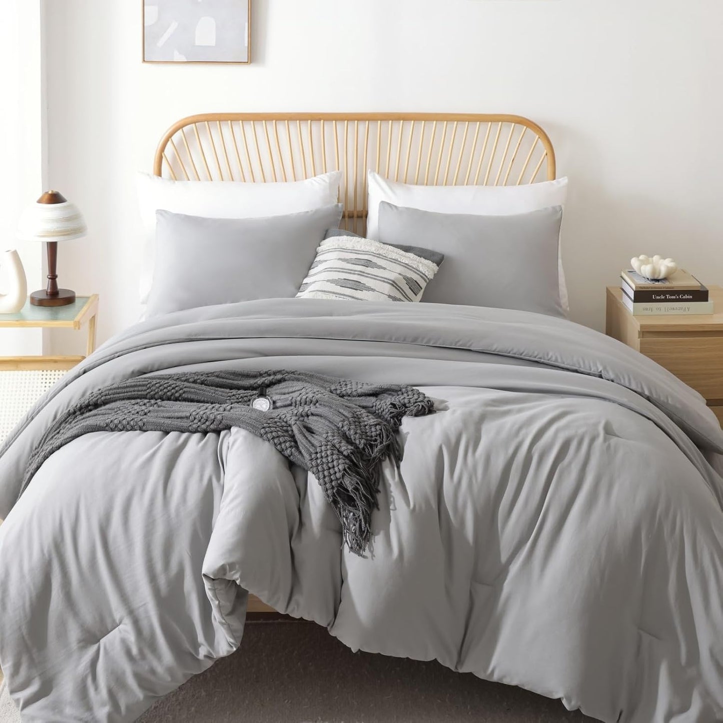 ROSGONIA Oversized King Comforter Grey, 3pcs (1 Boho Comforter & 2 Pillowcases) Lightweight Oversized King Size Comforter Sets Bedding Blanket