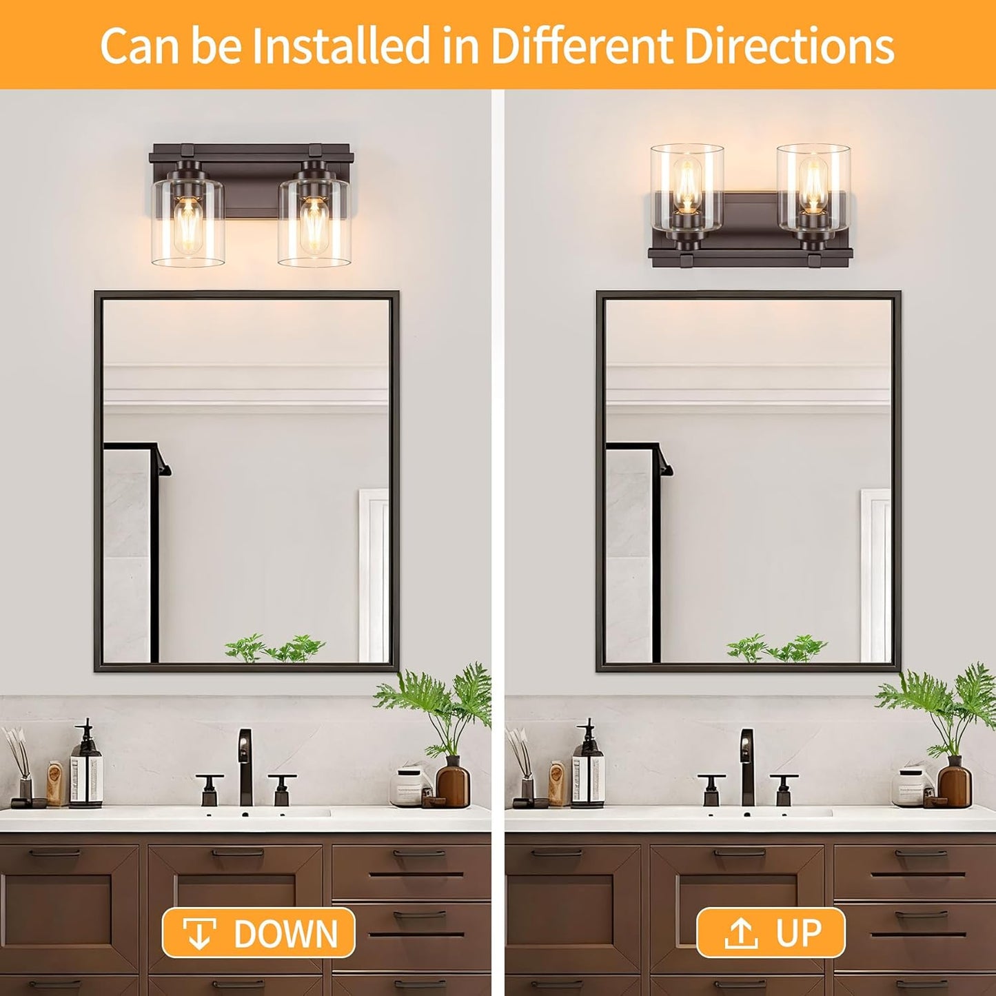 2 Light Modern Bathroom Light Fixtures Over Mirror, Bronze Finish Vanity Lights for Bathroom Wall Sconces with Clear Glass Shades, E26 Socket (Bulbs Not Included)