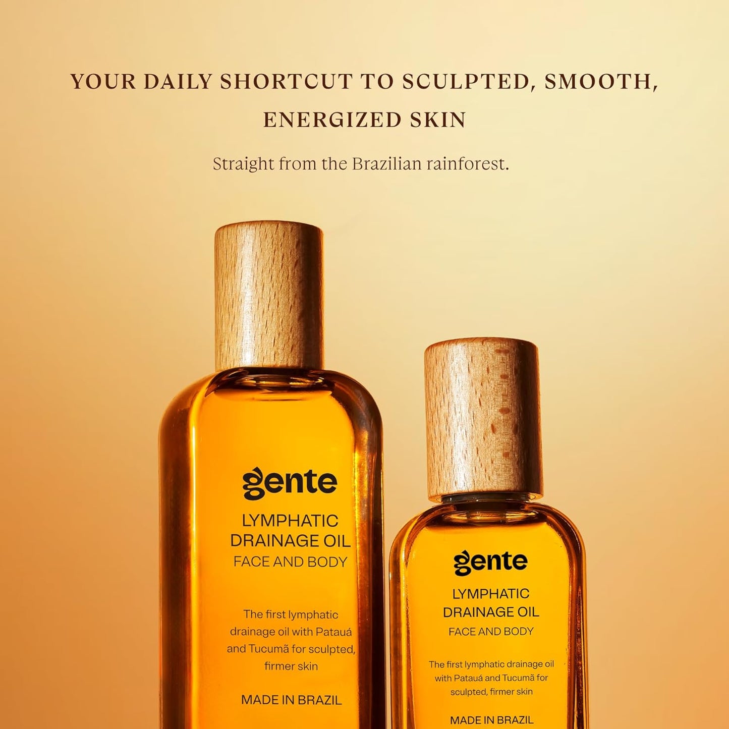 Gente Beauty Lymphatic Drainage Oil, Scented, Body Sculpting Formula, 50ml/100ml, Brazilian Oils Blend with Pataua, Coffea Arabica, Mulateiro Extract (100ml, Unscented)