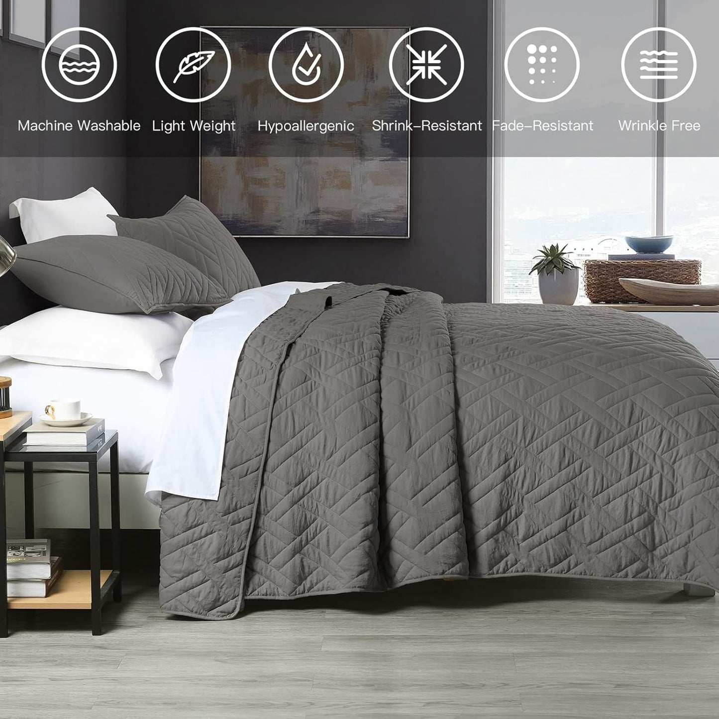 HORIMOTE HOME Quilt Set Queen Size Grey, Classic Geometric Diamond Stitched Pattern, Microfiber Ultra Soft Lightweight Bedspread Coverlet for All Season, 3 Piece Includes 1 Quilt and 2 Shams