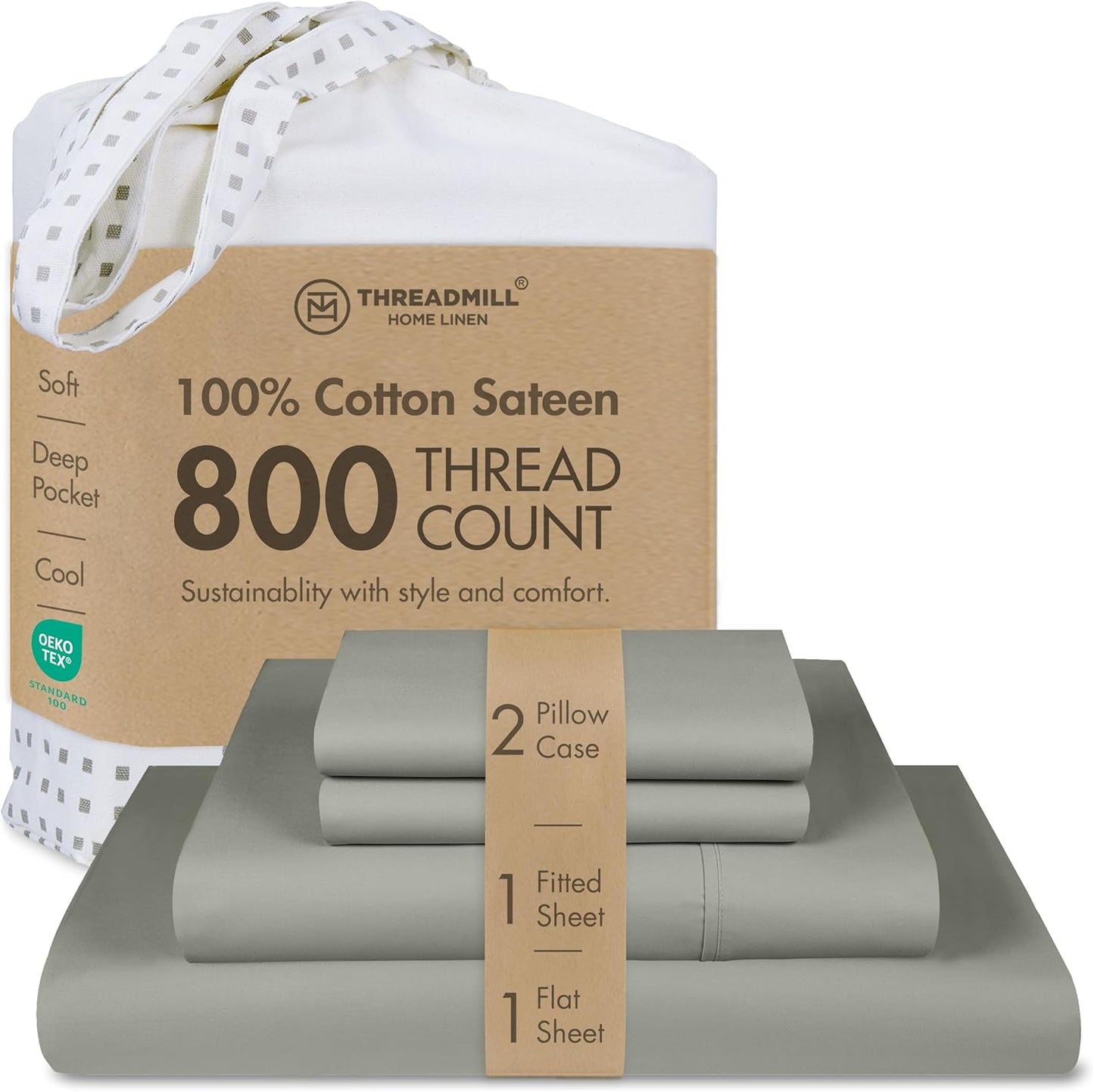 Threadmill Luxury 800 Thread Count Full Size 100% Cotton Sheets - Moonrock Grey Sateen Weave Bed-Sheets, Better Than Egyptian Cotton, 4 Pc Solid Bed Set, Fits 16" Deep Pocket