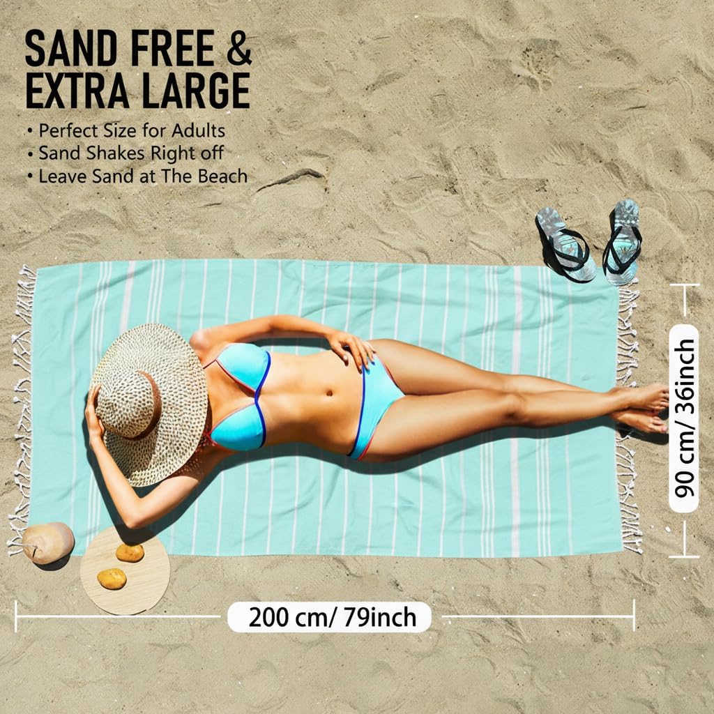 4 Pack Cotton Turkish Beach Towel Lightweight Thin Travel Vacation Essentials Oversized XL Towels Set for Pool Swim Bath Camping Cruise Accessories Absorbent Quick Dry Sand Proof Bulk clearance Stripe
