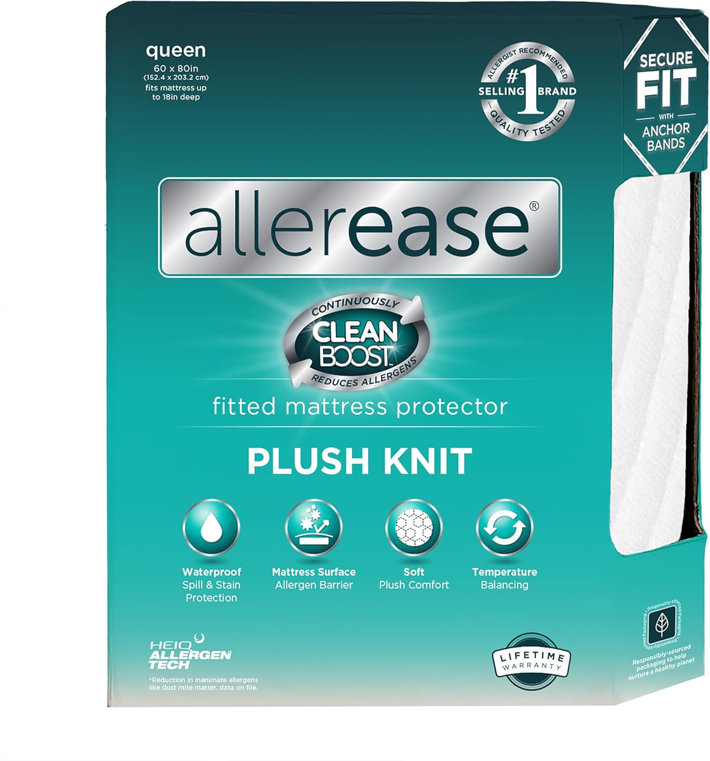 AllerEase CleanBoost Plush Knit Mattress Protector Waterproof Particle Barrier Temperature Balancing Soft Plush Comfort Machine Washable Fitted Cover with Elastic Anchor Bands Mattress Cover, Queen