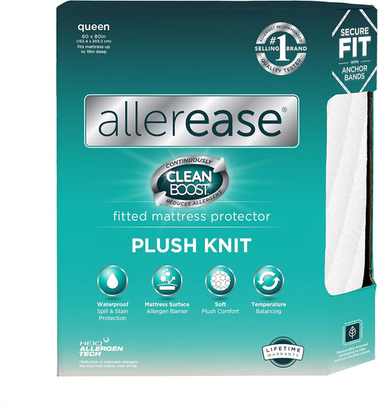 AllerEase CleanBoost Plush Knit Mattress Protector Waterproof Particle Barrier Temperature Balancing Soft Plush Comfort Machine Washable Fitted Cover with Elastic Anchor Bands Mattress Cover, Queen