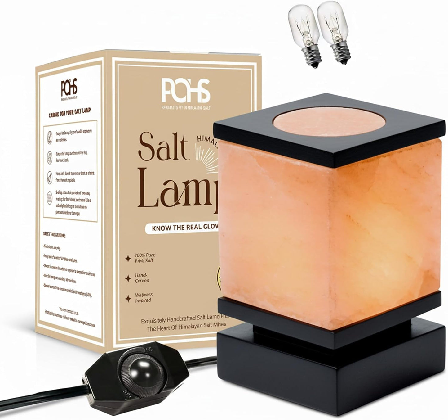 POHS 100% Authentic Himalayan Pink Salt Cube Lamp with Black Wooden Base, Dimmer Switch Cord and Two Bulbs, Night Light for Home and Office Table and Desk, Gift and Decor