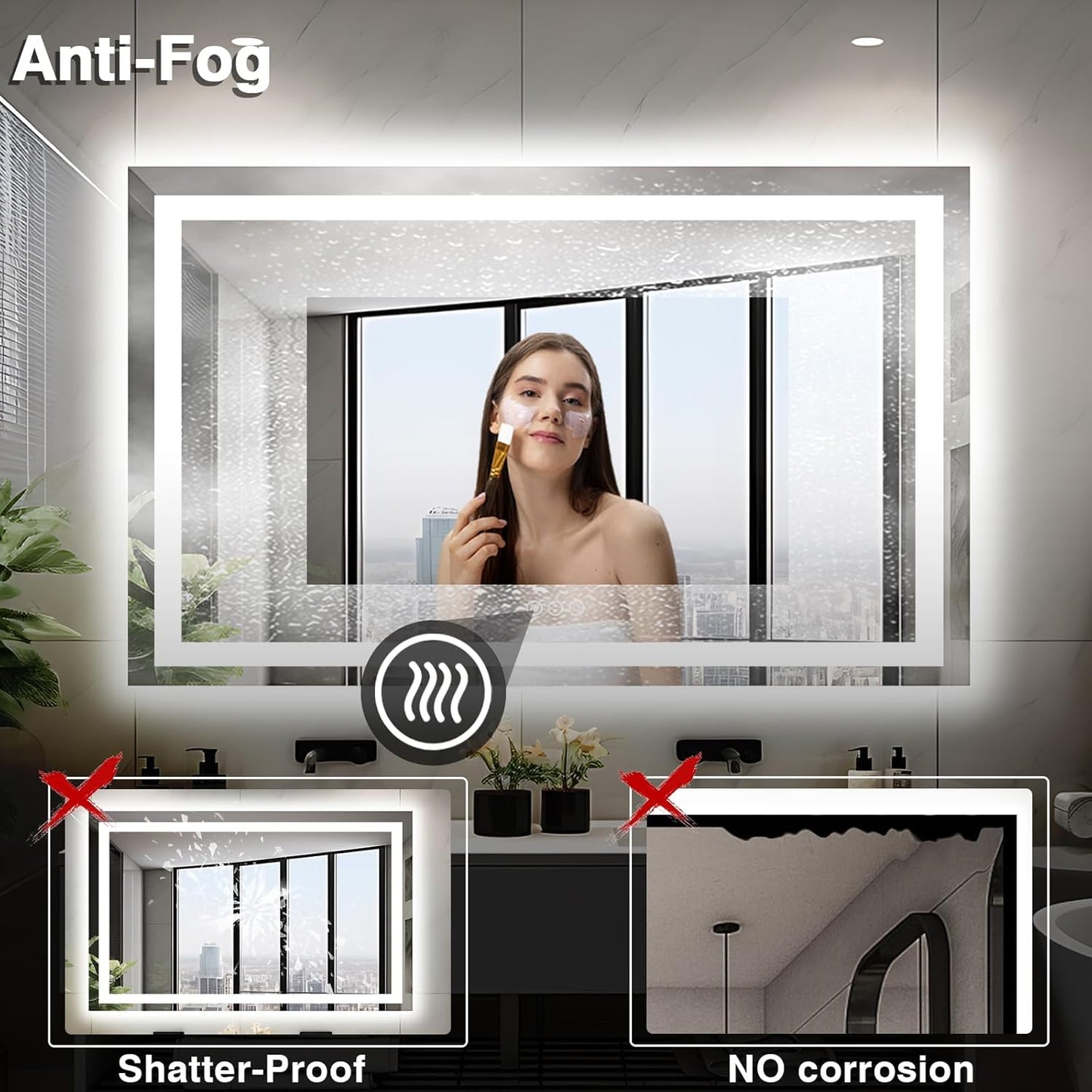 50"x36" Lighted Mirrors for Bathroom Wall, Anti-Fog LED Vanity Mirror, Shatter-Proof, 3 Colors Memory Mirror (Horizontal/Vertical)