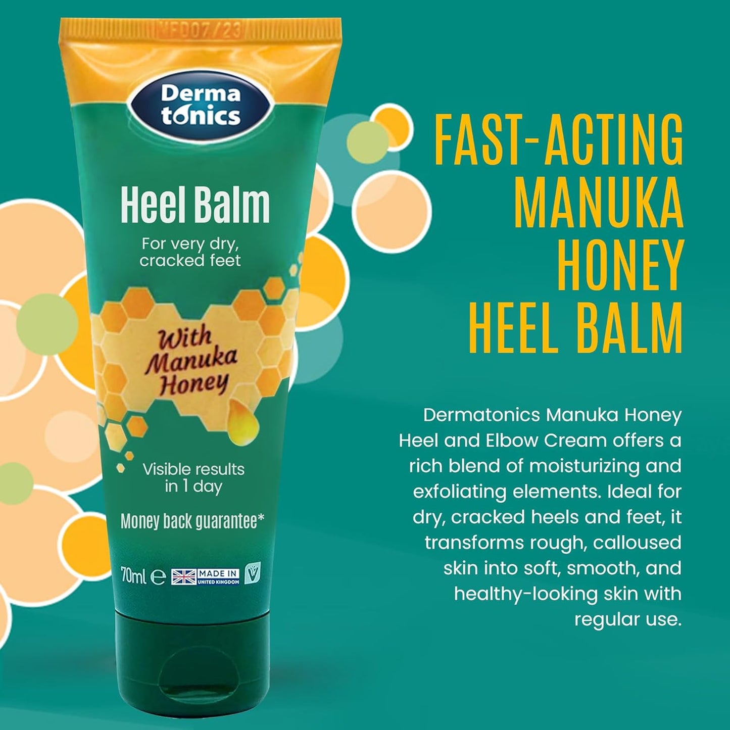 Dermatonics Foot Cream with Manuka Honey, Heel & Elbow Treatment, Exfoliating, Moisturizing Care for Cracked Heels and Dry Skin - 2.37 fl oz Tube