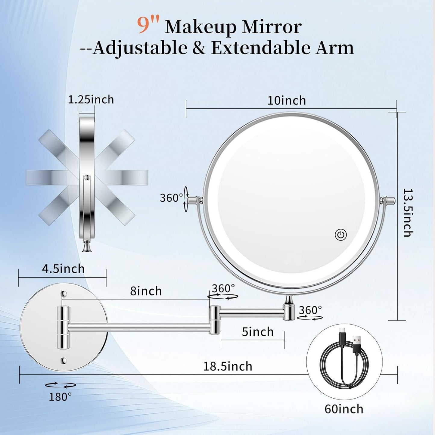 FUNTOUCH 9" 30X/1X Magnifying Wall Mounted Makeup Mirror, 4500mAh Rechargeable Double Sided Mirror with Light, 3 Color Lights,Touch Dimmable, 360 Rotation Extended Arm for Bathroom,Chrome
