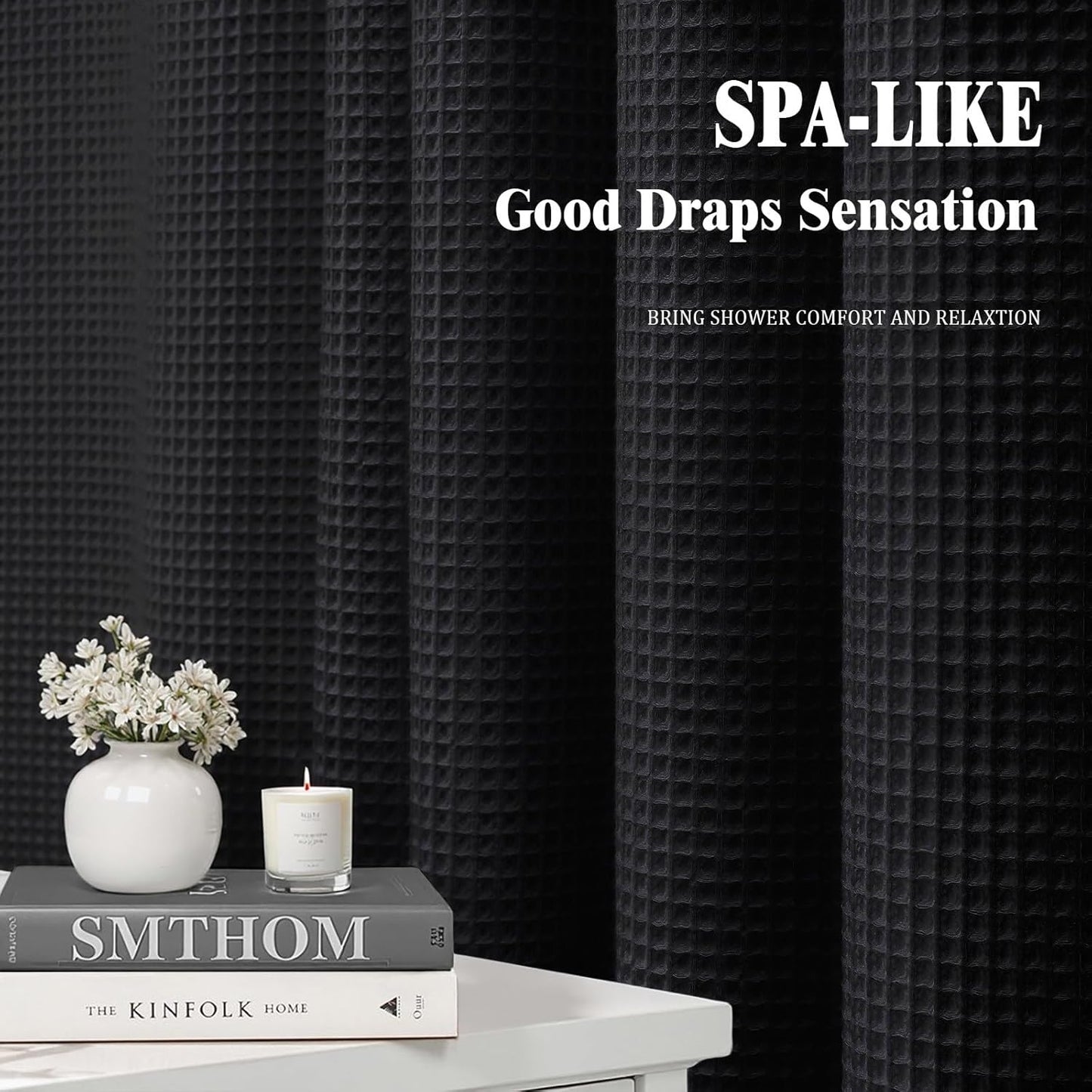 Long Waffle Shower Curtain - Black Cotton Texture Fabric Heavyweight Shower Curtain for Bathroom,72Wx78L