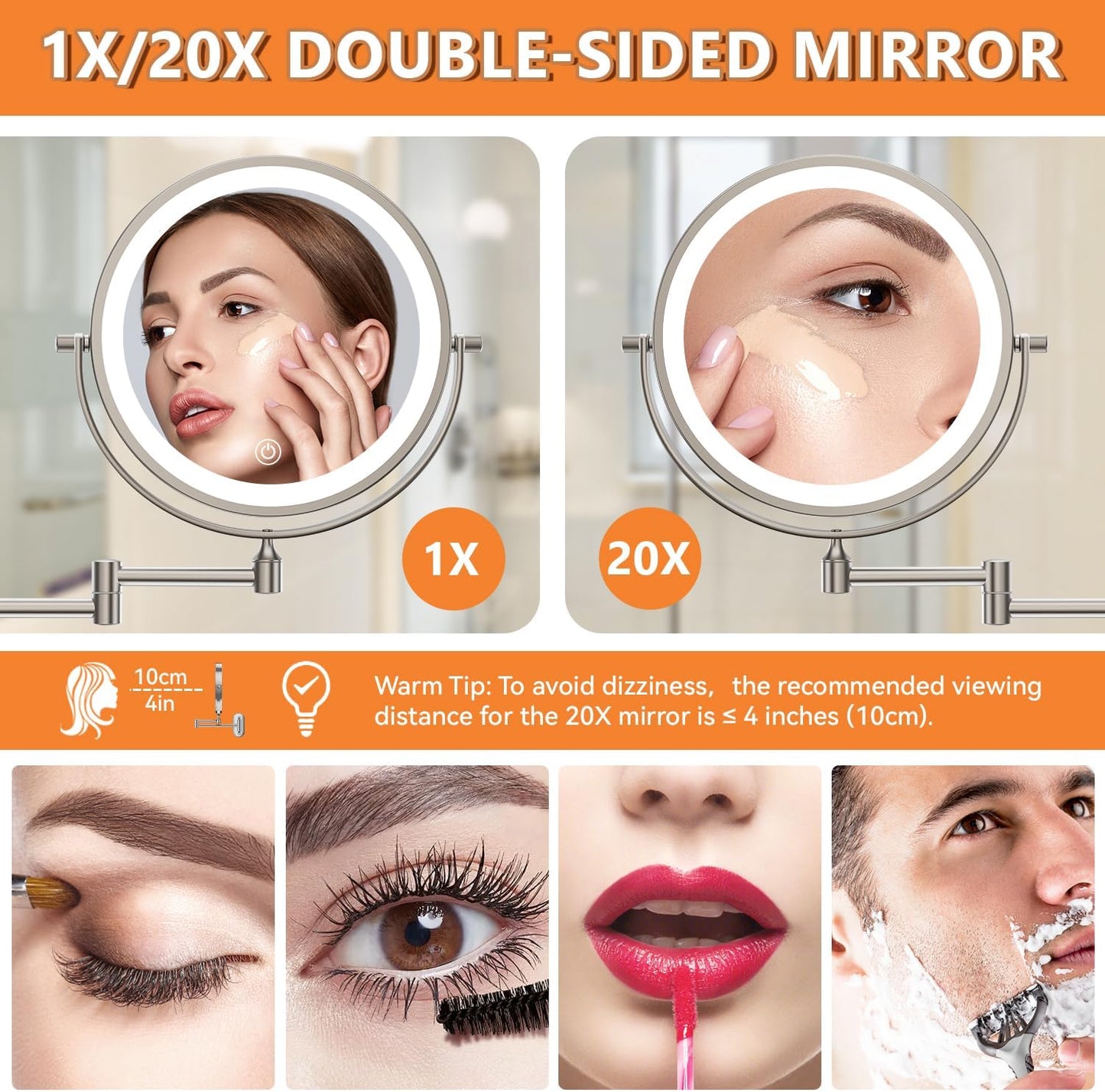 1X/20X Wall Mounted Makeup Mirror with Light, 8" Rechargeable Double-Sided Magnifying Mirror, Vanity Mirror Dimmable 3 Color Light, 360° Extension Rotation Foldable 14.5 Inch Arm, Brushed Nickel
