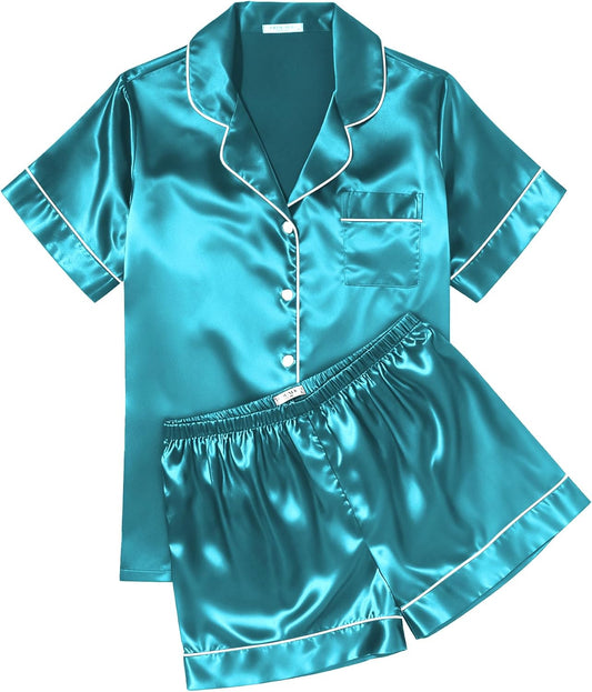 Ekouaer Pajamas for Women Set Silk Satin Pjs Shorts Sleepwear 2 Piece Loungewear S-XXL