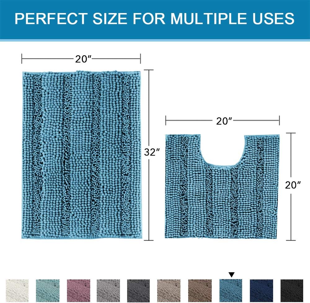 H.VERSAILTEX Bathroom Rugs Bath Rug Set 2 Piece Bathroom Contour Rug Toilet Mat Sets Non Slip Contour Bath Rug Ultra Thick Water Absorbent Striped Bath Mats(20" x 32" Plus 20" x 20" U, Turquoise Blue)
