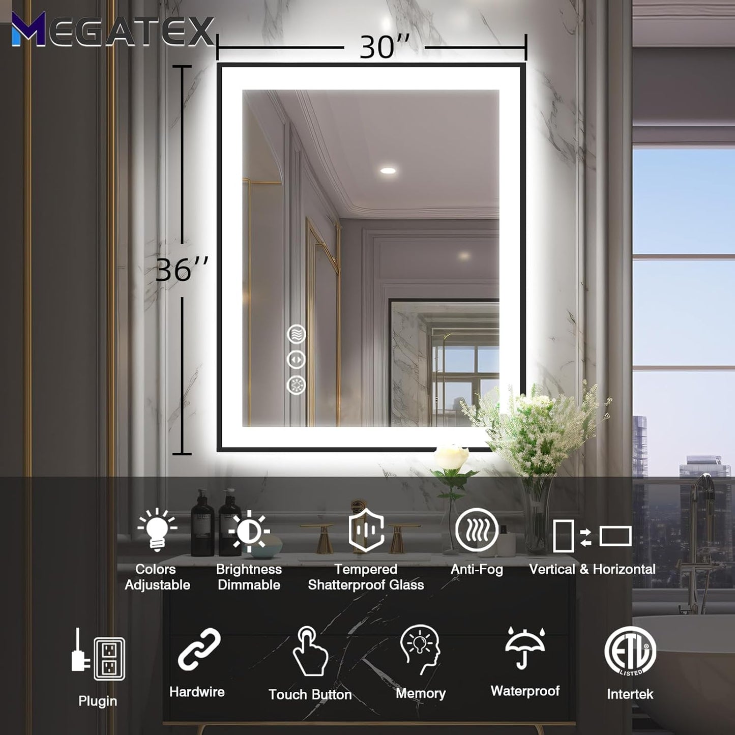 30x36 Lighted Mirrors for Bathroom Wall, Modern Rectangle Matte Black Mirror, Tempered Glass，Double Lights, 3 Colors Dimmable Temperature, IP54 Enhanced Anti-Fog, Memory (Horizontal/Vertical)