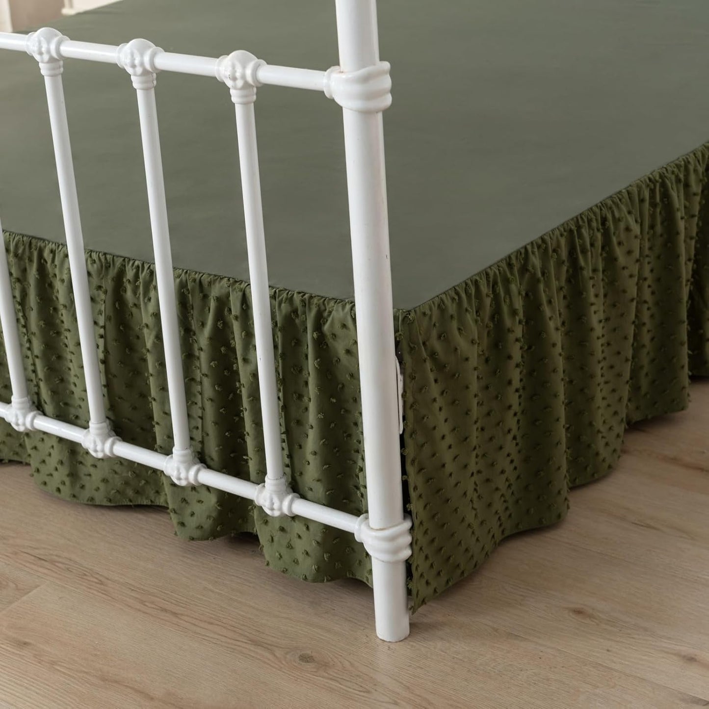 Tufted Dot Bed Skirt King Size Ruffled Bed Skirt with Split Corners, 18 Inch Drop Dust Ruffle Bed Skirts with Platform, Olive Green