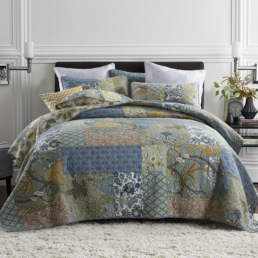 Cotton Bedspread Quilt Bedding Sets 3 Pieces Reversible Coverlet Sets Comforters Rustic Paisley Floral Patchwork Sage Green Bedspread, Queen Size