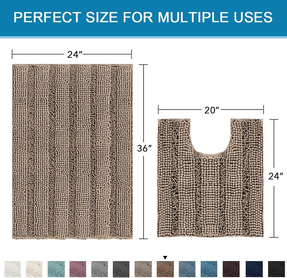 H.VERSAILTEX Bathroom Rugs Bath Rug Set 2 Piece Bathroom Contour Rug Toilet Mat Sets Non Slip Contour Bath Rug Ultra Thick Water Absorbent Striped Bath Mats(36" x 24" Plus 20" x 24" U, Taupe Brown)