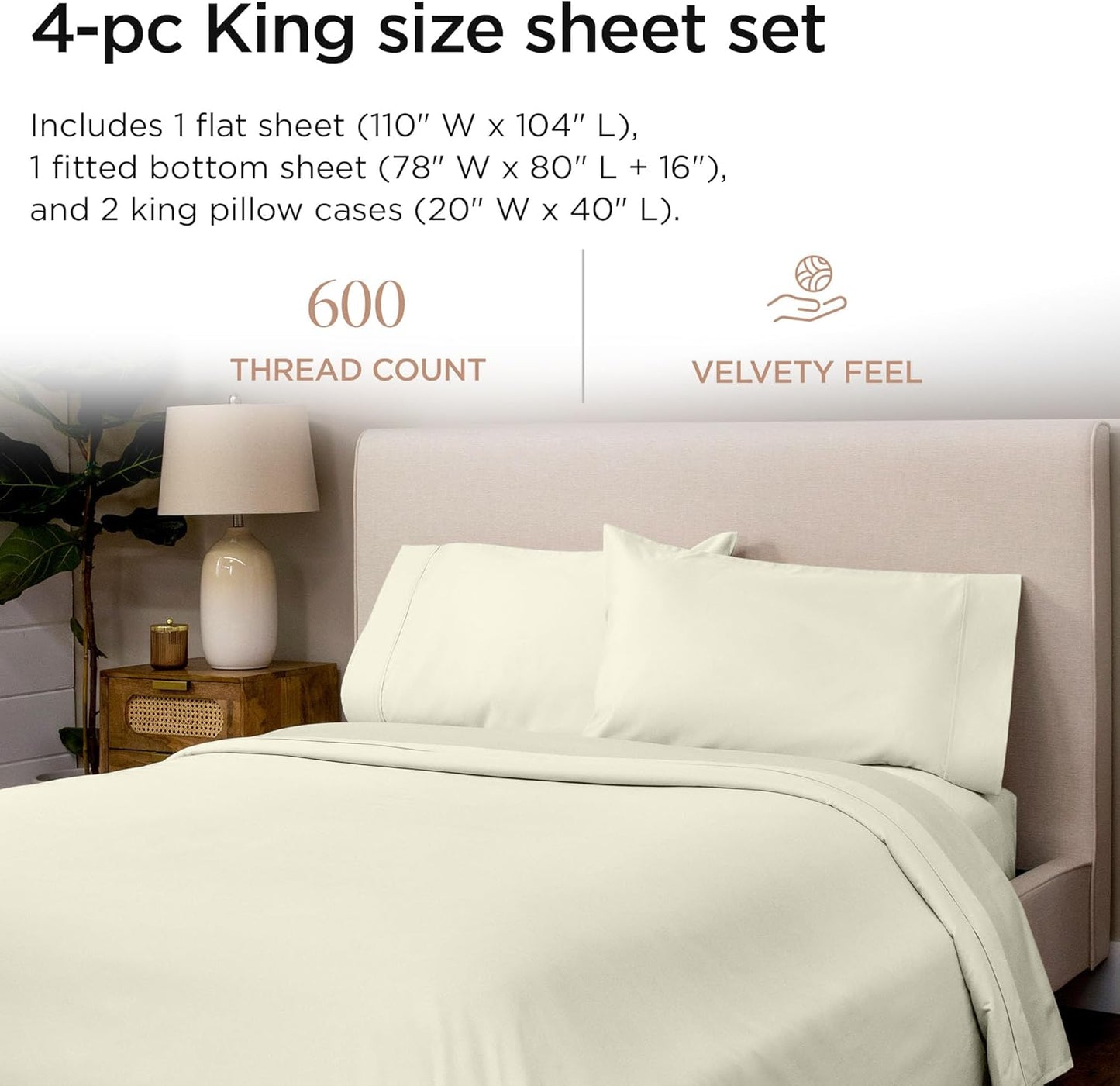 Threadmill 100% Cotton Sheets for King Size Bed - 600 Thread Count King Bed Sheets Set with 16” Deep Pocket - Sateen Weave 4-Piece Bedding Set with Cooling Effect, Ivory