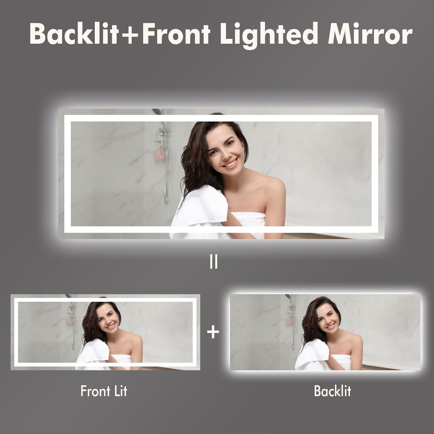 60x24 LED Bathroom Mirror with Lights, Backlit + Front Lit, Dimmable, Anti-Fog, Lighted Bathroom Vanity Mirror for Wall, Memory Function, Shatter-Proof (Horizontal/Vertical)