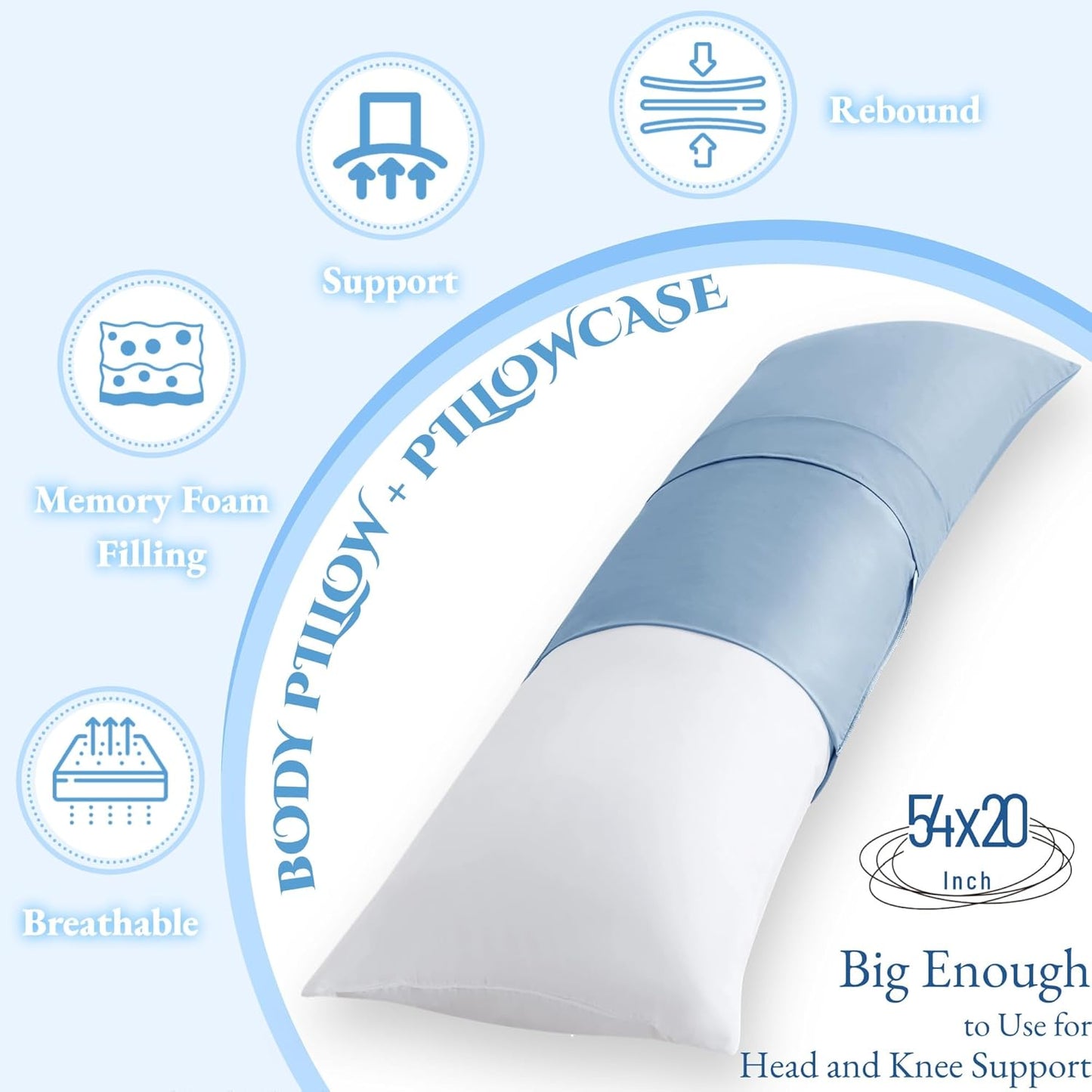 Ubauba Memory Foam Body Pillow with Cover, Full Large Body Pillows Insert for Adults with Envelope Closure Pillowcase, Firm & Fluffy Long Bed Pillows for Sleeping (20x54 inch, Blue)