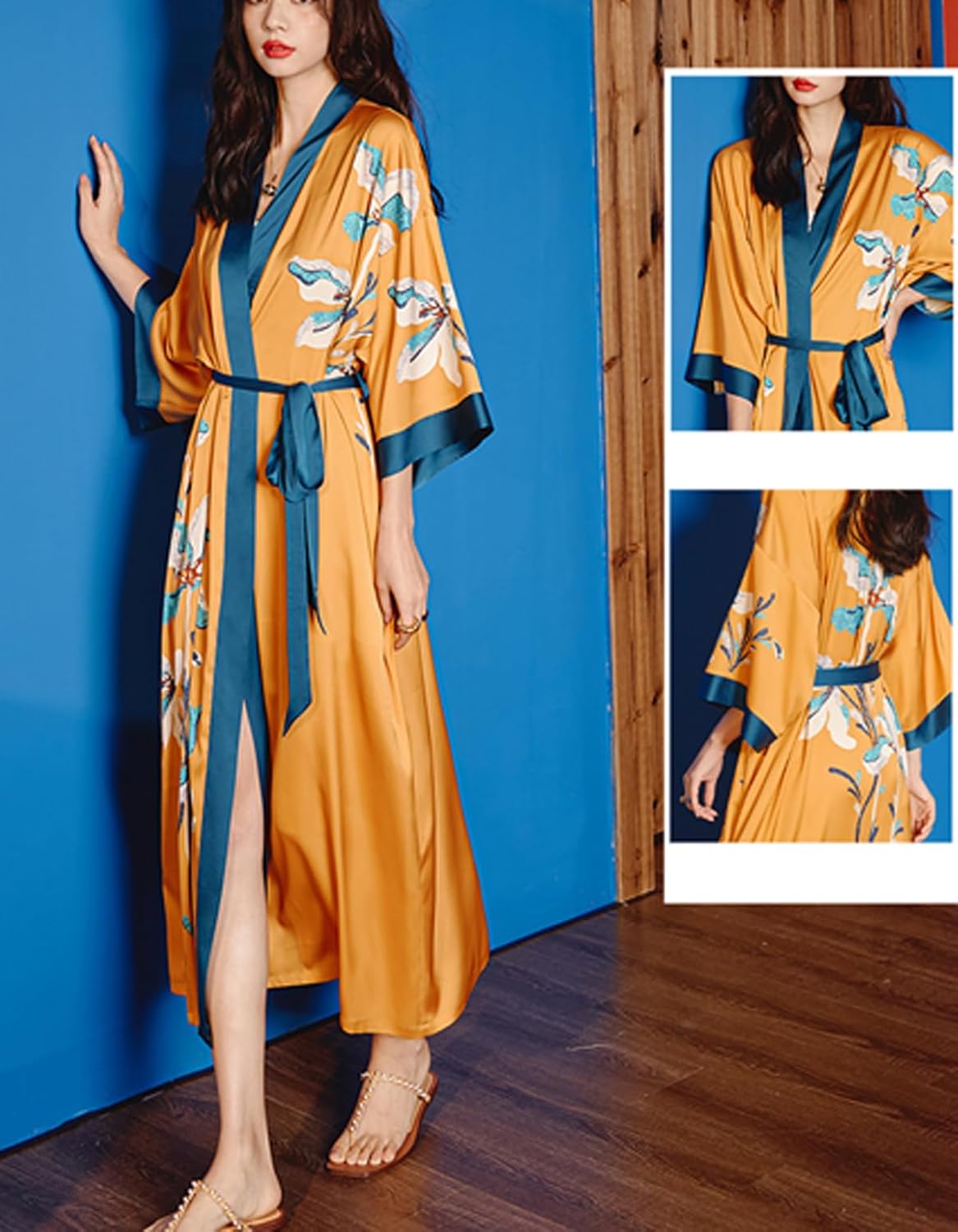 Silk Satin Robe for Women Long Japanese Kimono Robe Lightweight Soft Bathrobe Floral Luxury Dressing Gown