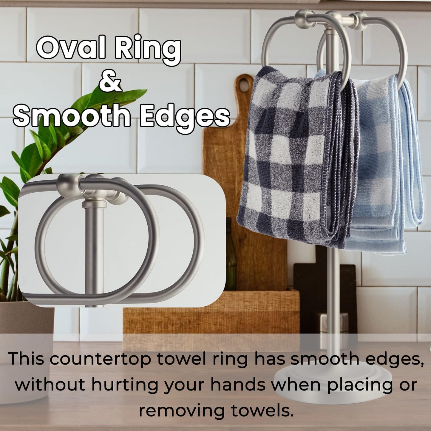 17 Inch Stainless Steel Hand Towel Holder Double Stand Hand Towel Ring for Washcloths or dishcloths Non-Slip Base Free Standing Towel Rack for Bathroom Kitchen (Brushed)
